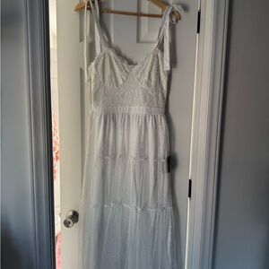 White Lace Swiss Dot Tie-Strap Midi Dress